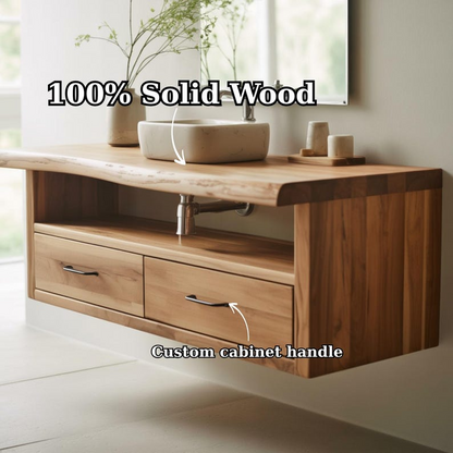 Handcrafted Solid Wood Floating Vanity, Organic Live Edge Two-Tier Console Lynnsnail