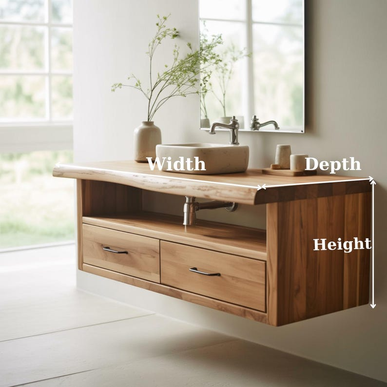 Handcrafted Solid Wood Floating Vanity, Organic Live Edge Two-Tier Console Lynnsnail