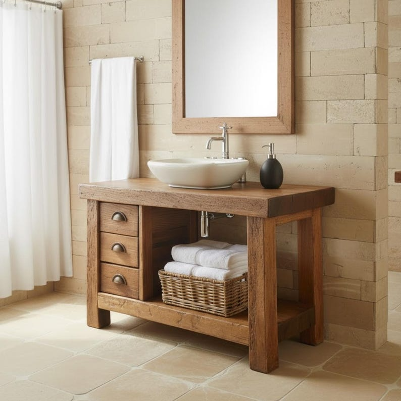 Handcrafted Solid Wood Bathroom Vanity, Rustic Console with 3 Drawers & Shelf Lynnsnail