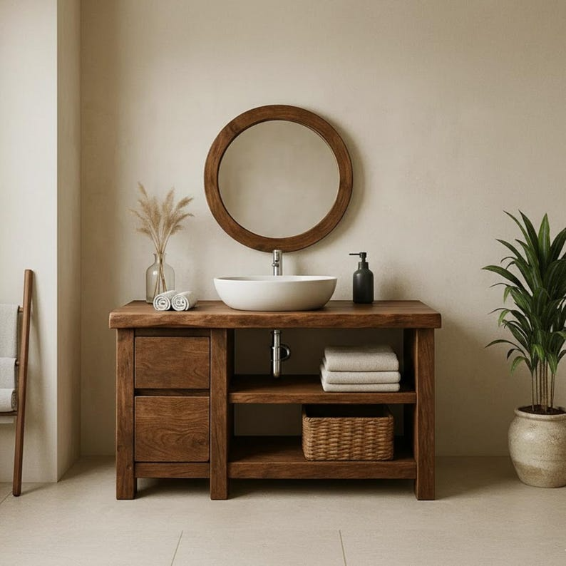 Handcrafted Solid Wood Bathroom Vanity, Freestanding Rustic Console with Live Edge Top Lynnsnail
