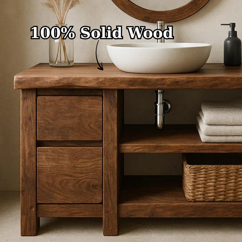 Handcrafted Solid Wood Bathroom Vanity, Freestanding Rustic Console with Live Edge Top Lynnsnail