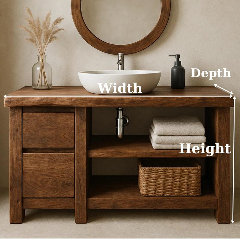 Handcrafted Solid Wood Bathroom Vanity, Freestanding Rustic Console with Live Edge Top Lynnsnail