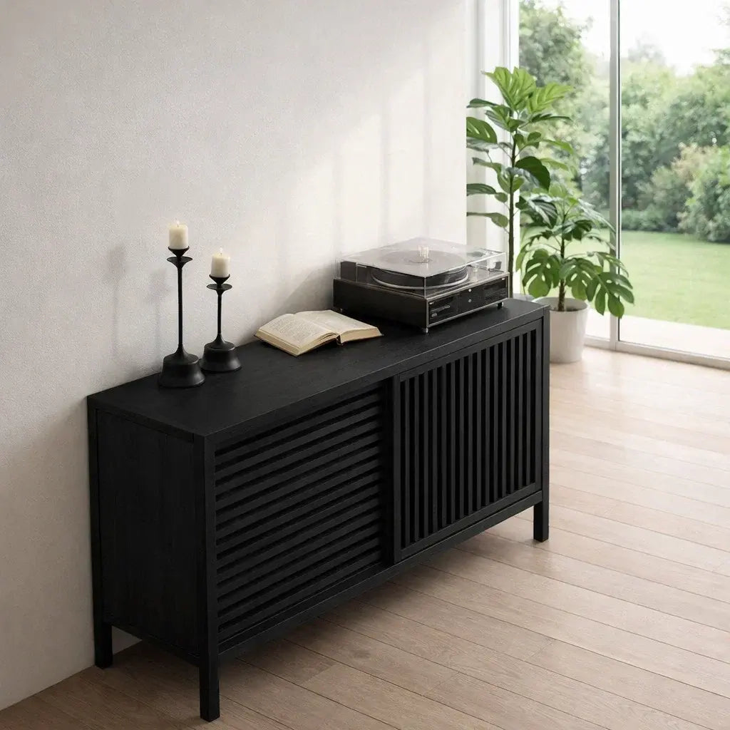 Modern Console Table with Sliding Slatted Doors Lynnsnail