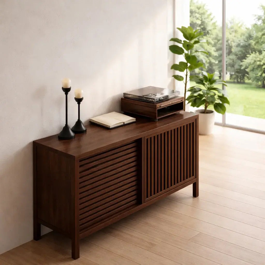 Modern Console Table with Sliding Slatted Doors Lynnsnail