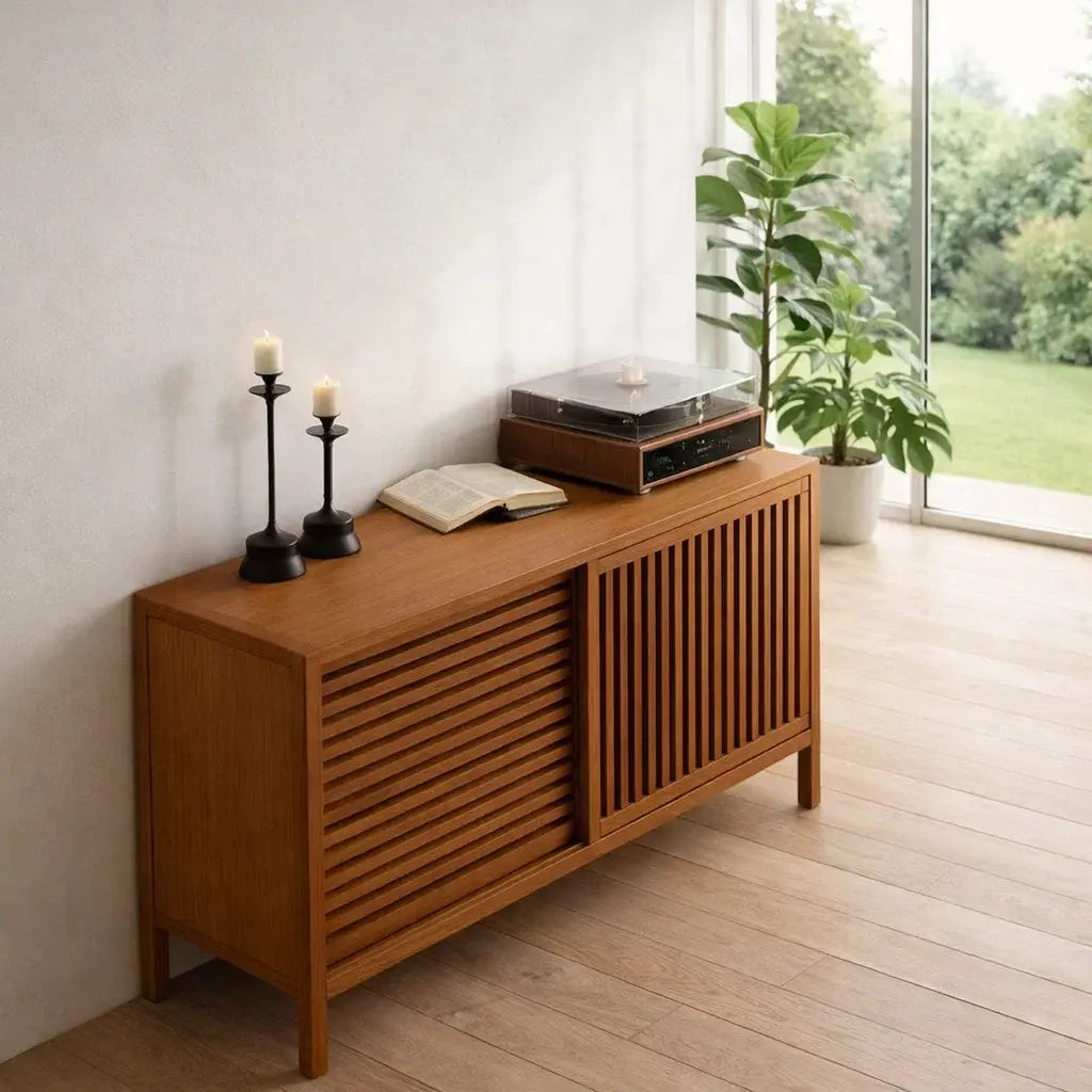 Modern Console Table with Sliding Slatted Doors Lynnsnail