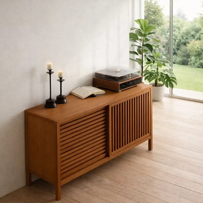 Modern Console Table with Sliding Slatted Doors Lynnsnail