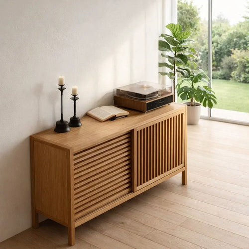 Modern Console Table with Sliding Slatted Doors Lynnsnail