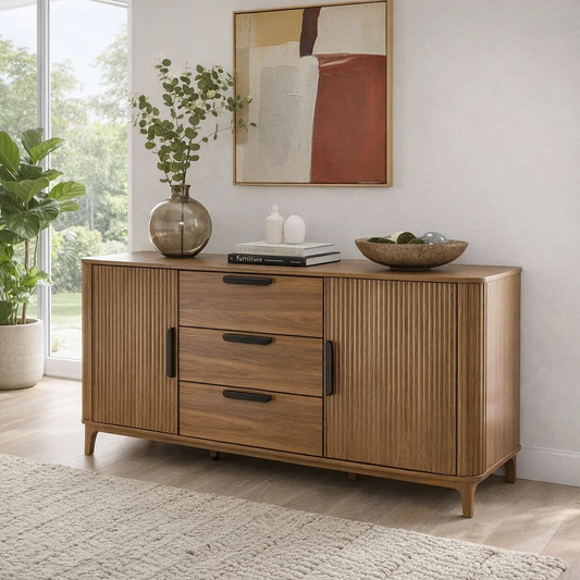 Modern Console Table with Fluted Doors & Drawers