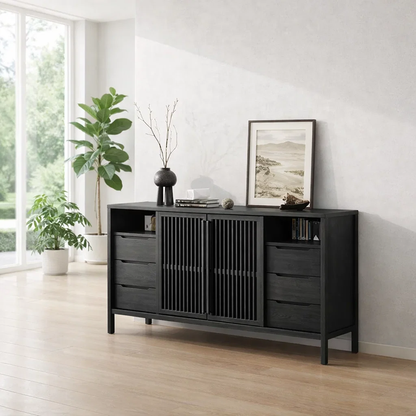 Modern Console Table with Slatted Doors & Multiple Drawers