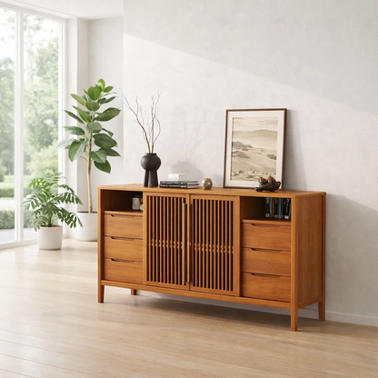 Modern Console Table with Slatted Doors & Multiple Drawers
