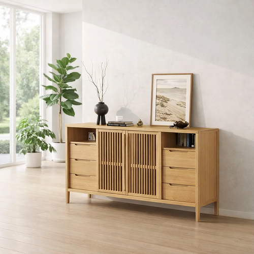 Modern Console Table with Slatted Doors & Multiple Drawers