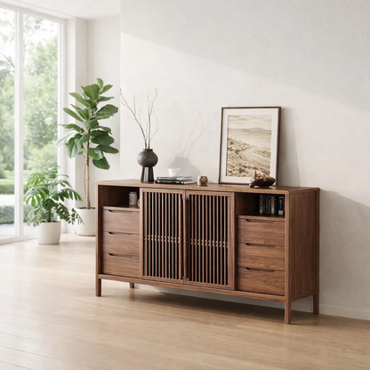 Modern Console Table with Slatted Doors & Multiple Drawers