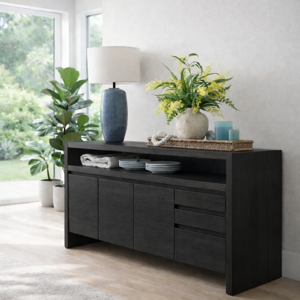 Modern Console Table with Open Shelf & Cabinet Storage