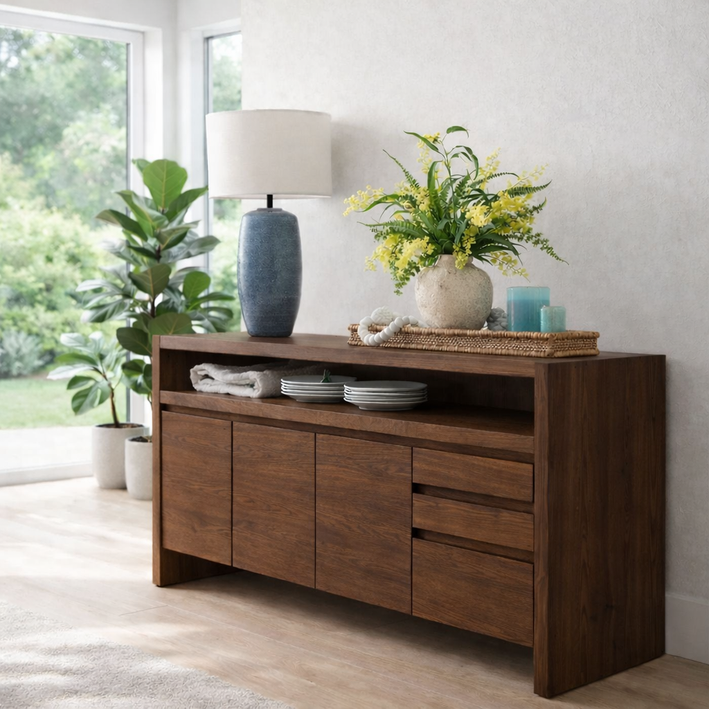Modern Console Table with Open Shelf & Cabinet Storage