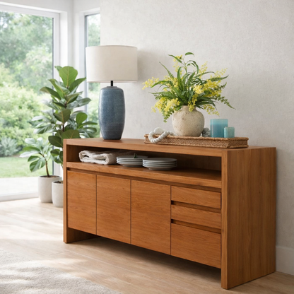 Modern Console Table with Open Shelf & Cabinet Storage
