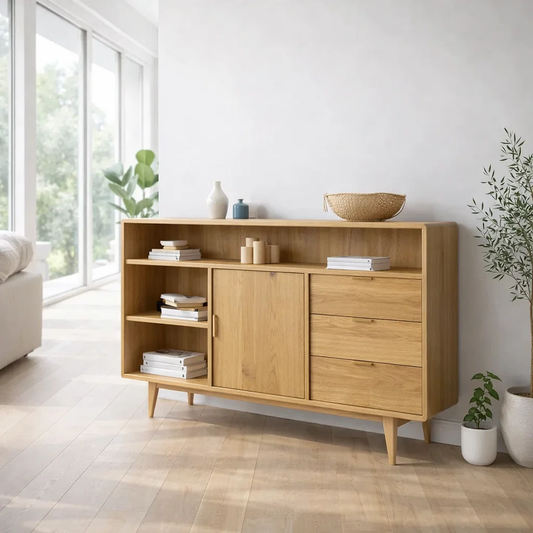 Modern Console Table with Shelves, Drawer & Cabinet