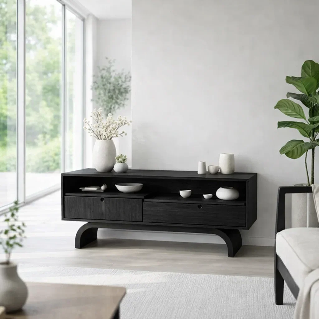 Modern Low Console Table with Drawers & Open Shelf