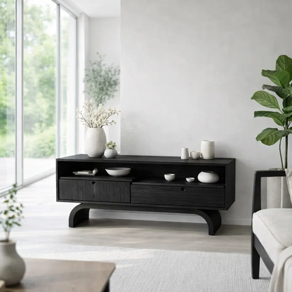 Modern Low Console Table with Drawers & Open Shelf