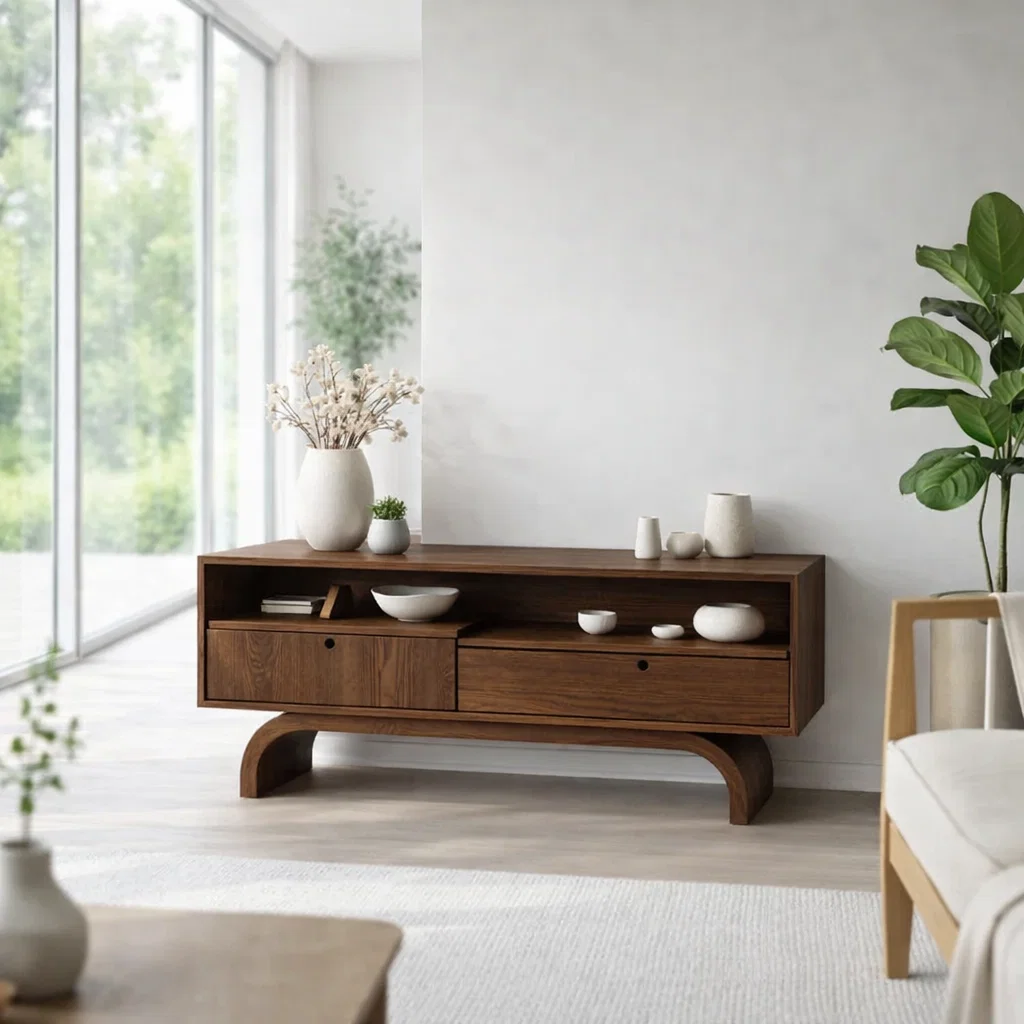 Modern Low Console Table with Drawers & Open Shelf