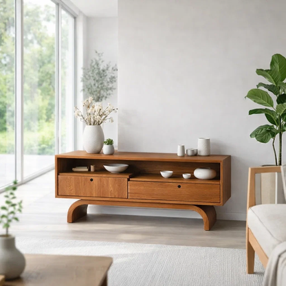 Modern Low Console Table with Drawers & Open Shelf