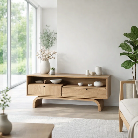 Modern Low Console Table with Drawers & Open Shelf