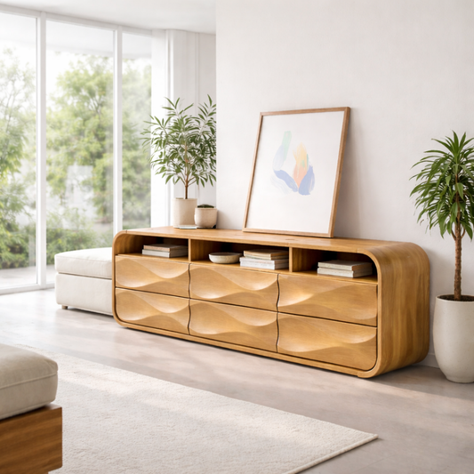 Modern Console Table with Sculpted Drawers & Open Shelf