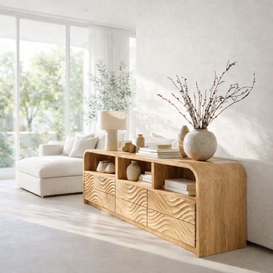 Modern Console Table with Carved Wave Drawers & Open Storage