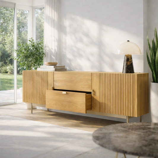 Modern Console Table with Fluted Doors & Center Drawer