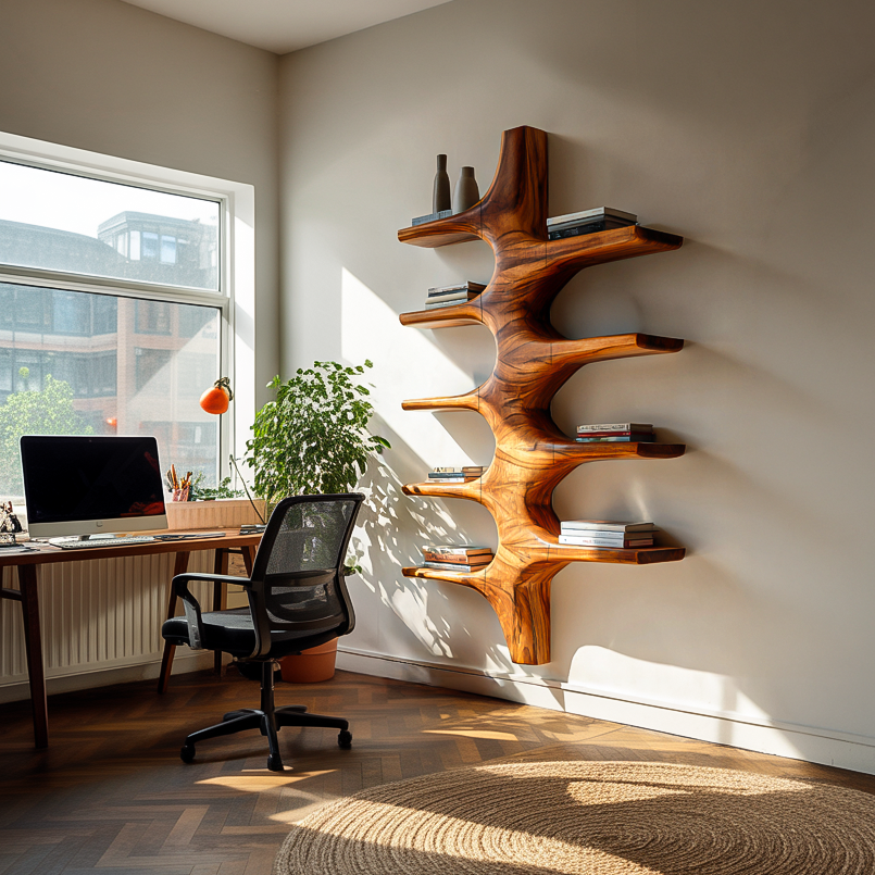 Sculptural Wood Wall Mounted Bookshelf For Modern Living Room Lynnsnail