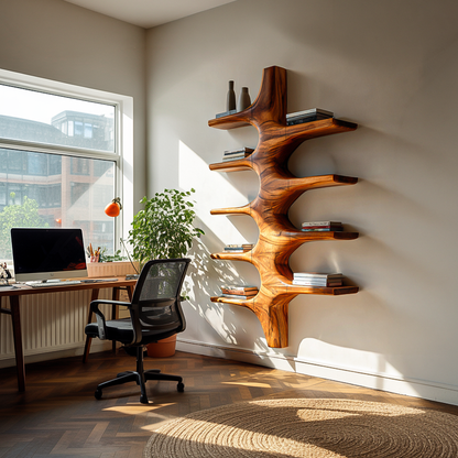 Sculptural Wood Wall Mounted Bookshelf For Modern Living Room Lynnsnail