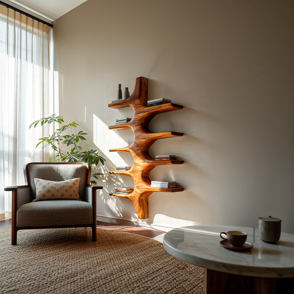 Sculptural Wood Wall Mounted Bookshelf For Modern Living Room Lynnsnail