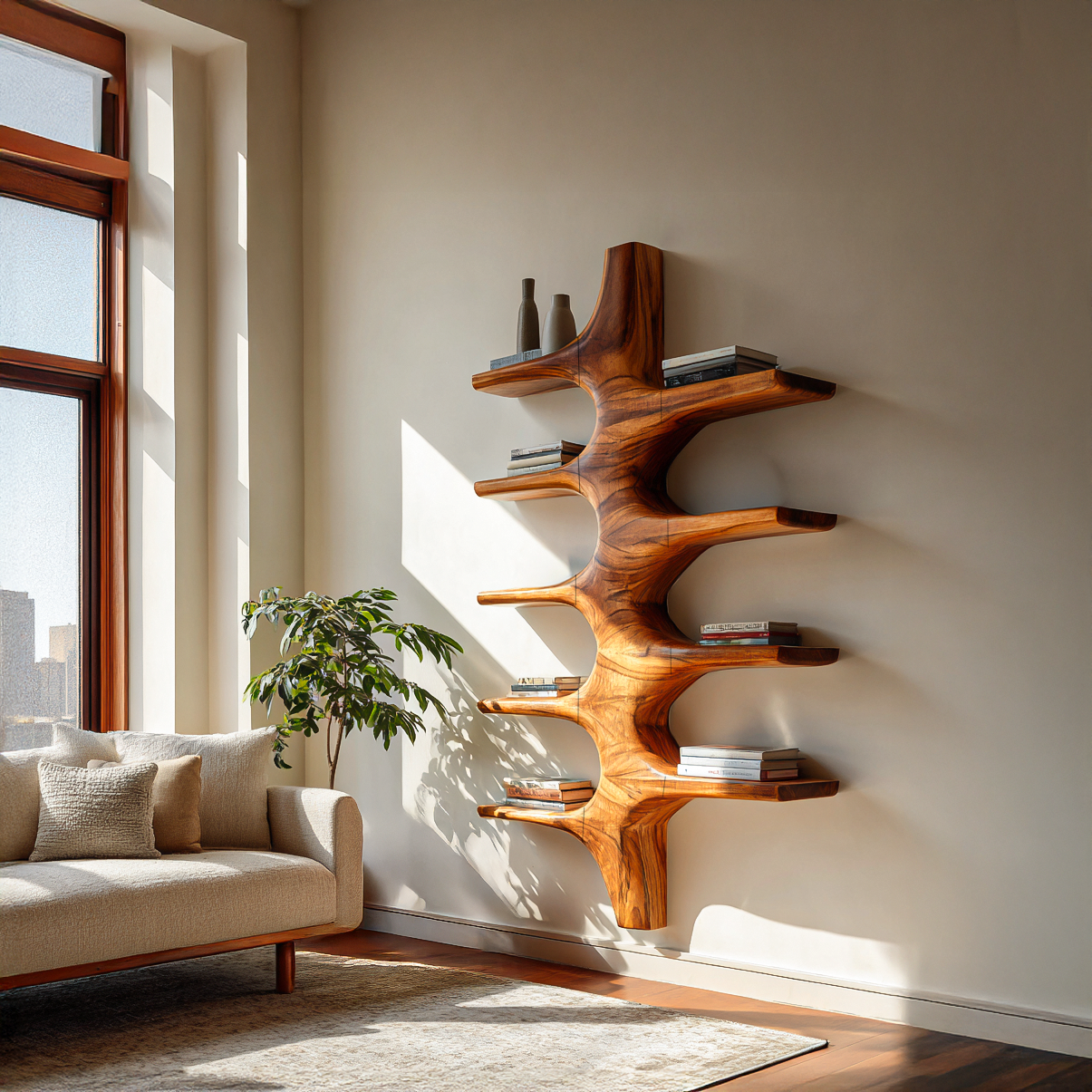 Sculptural Wood Wall Mounted Bookshelf For Modern Living Room Lynnsnail