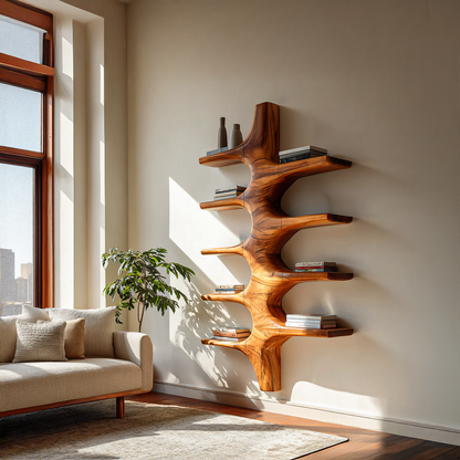Sculptural Wood Wall Mounted Bookshelf For Modern Living Room Lynnsnail