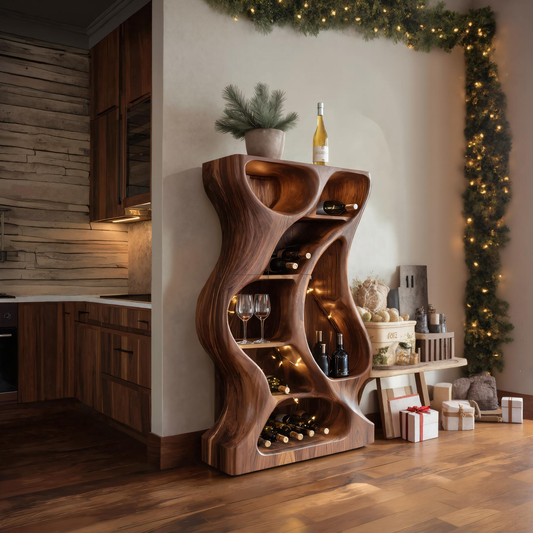 Modern Cabinet With Wave Carved Doors And Wine Storage For Kitchen