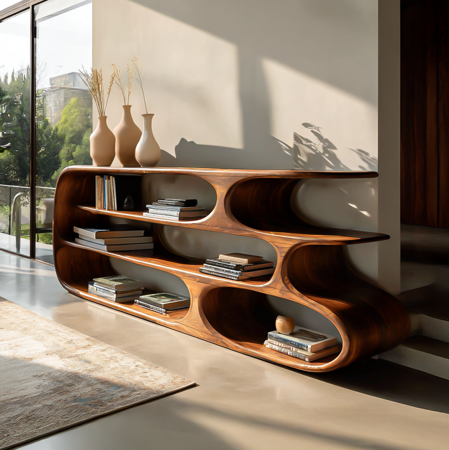 Modern Bookshelf With Sculptural Curves For Living Room Interior Lynnsnail