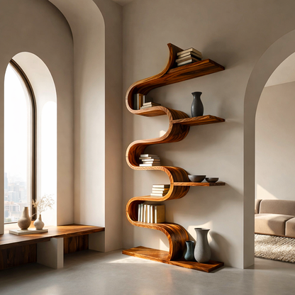 Modern Sculptural Wooden Wave Bookshelf For Living Space Lynnsnail
