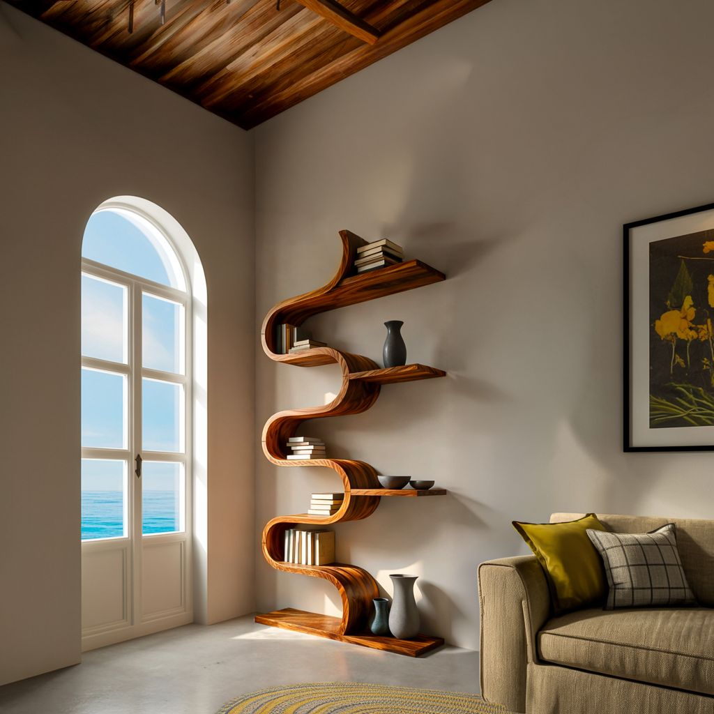 Modern Sculptural Wooden Wave Bookshelf For Living Space Lynnsnail