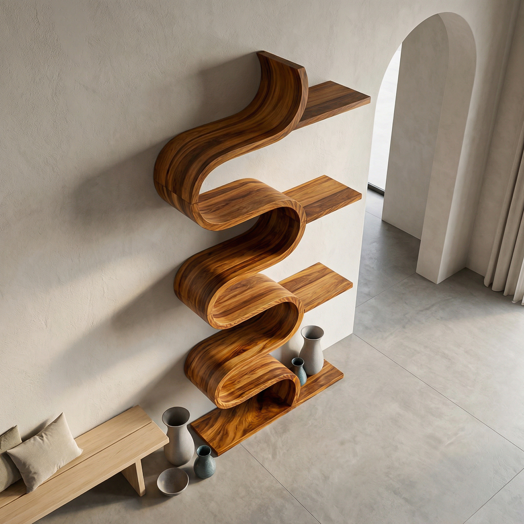Modern Sculptural Wooden Wave Bookshelf For Living Space Lynnsnail