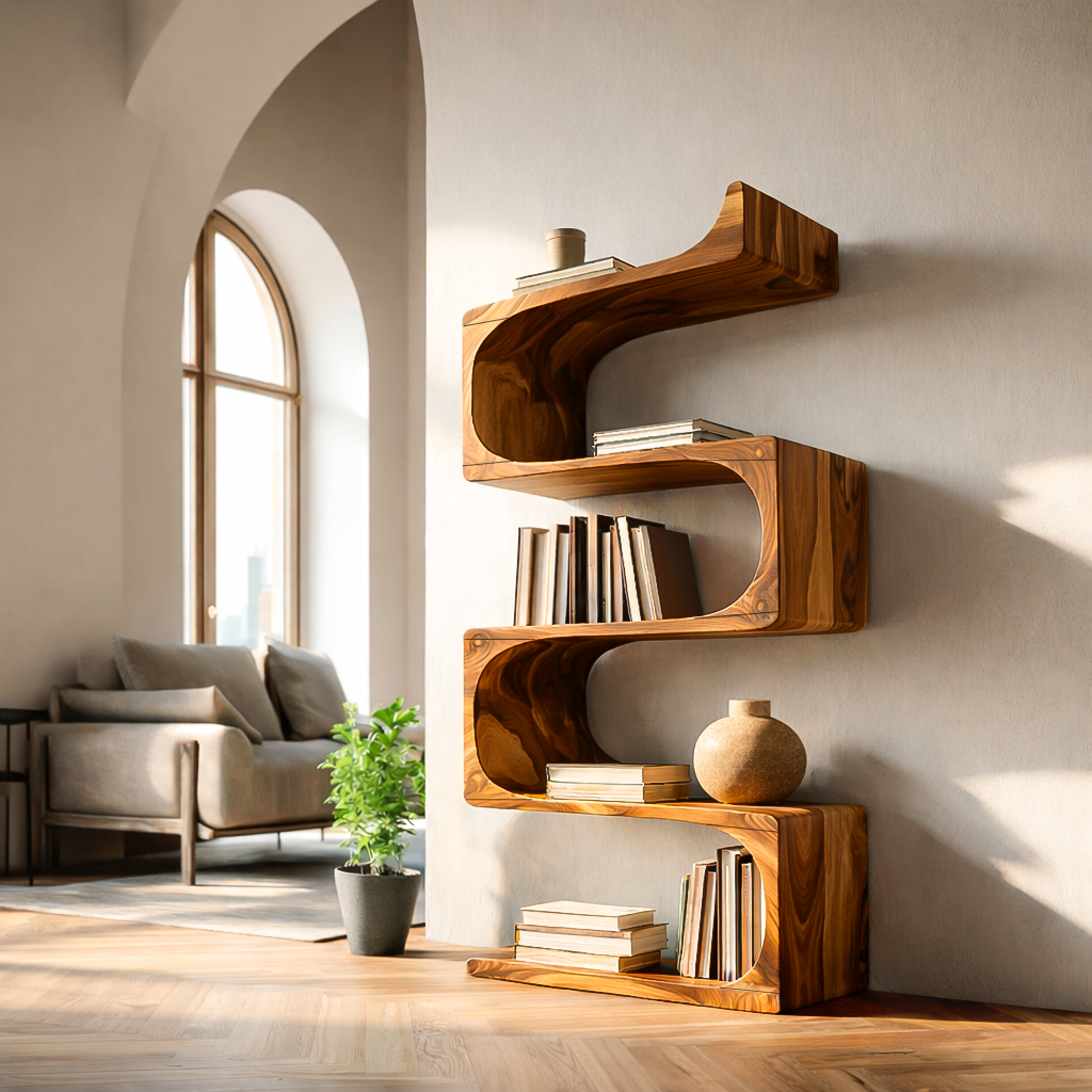 Modern Wooden Flowing Carved Bookshelf For Living Room Lynnsnail