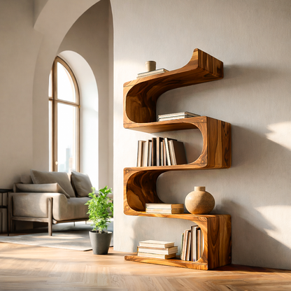 Modern Wooden Flowing Carved Bookshelf For Living Room Lynnsnail