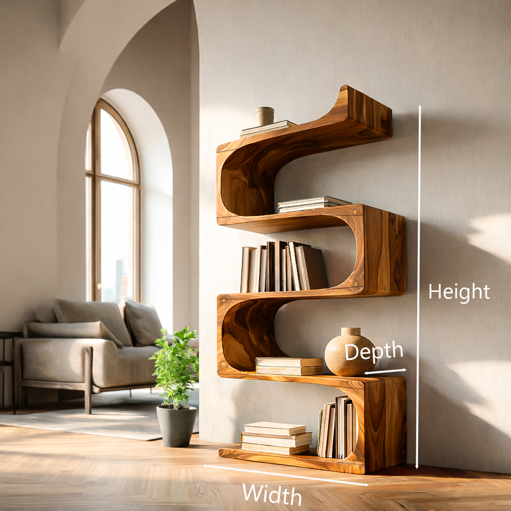 Modern Wooden Flowing Carved Bookshelf For Living Room Lynnsnail