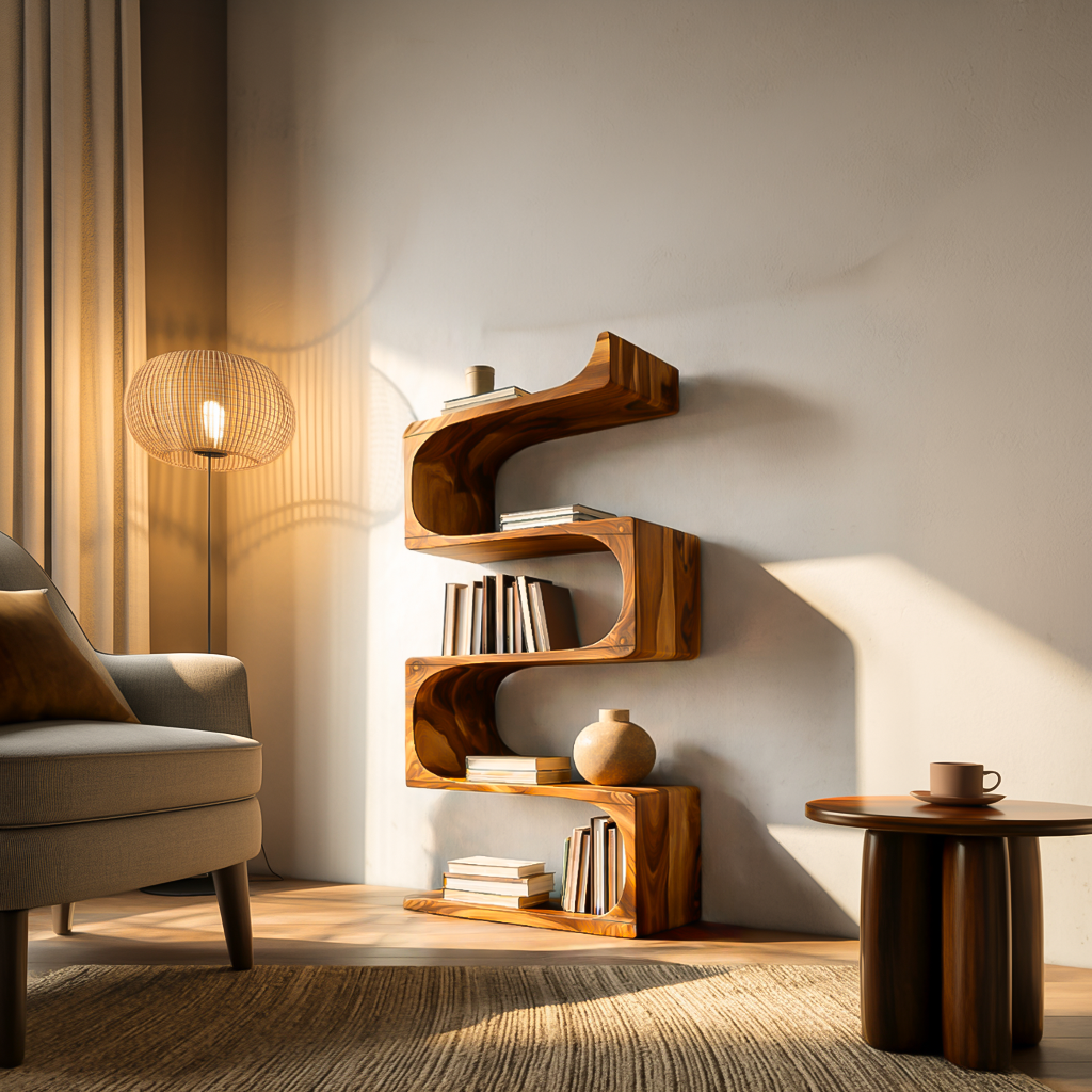 Modern Wooden Flowing Carved Bookshelf For Living Room Lynnsnail