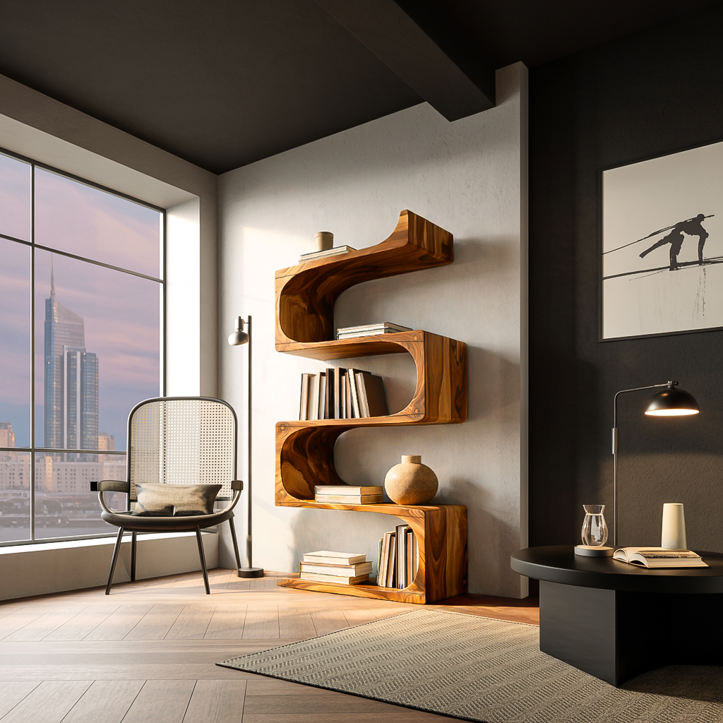 Modern Wooden Flowing Carved Bookshelf For Living Room Lynnsnail