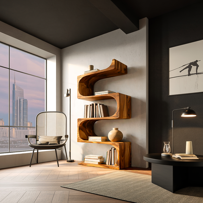Modern Wooden Flowing Carved Bookshelf For Living Room Lynnsnail