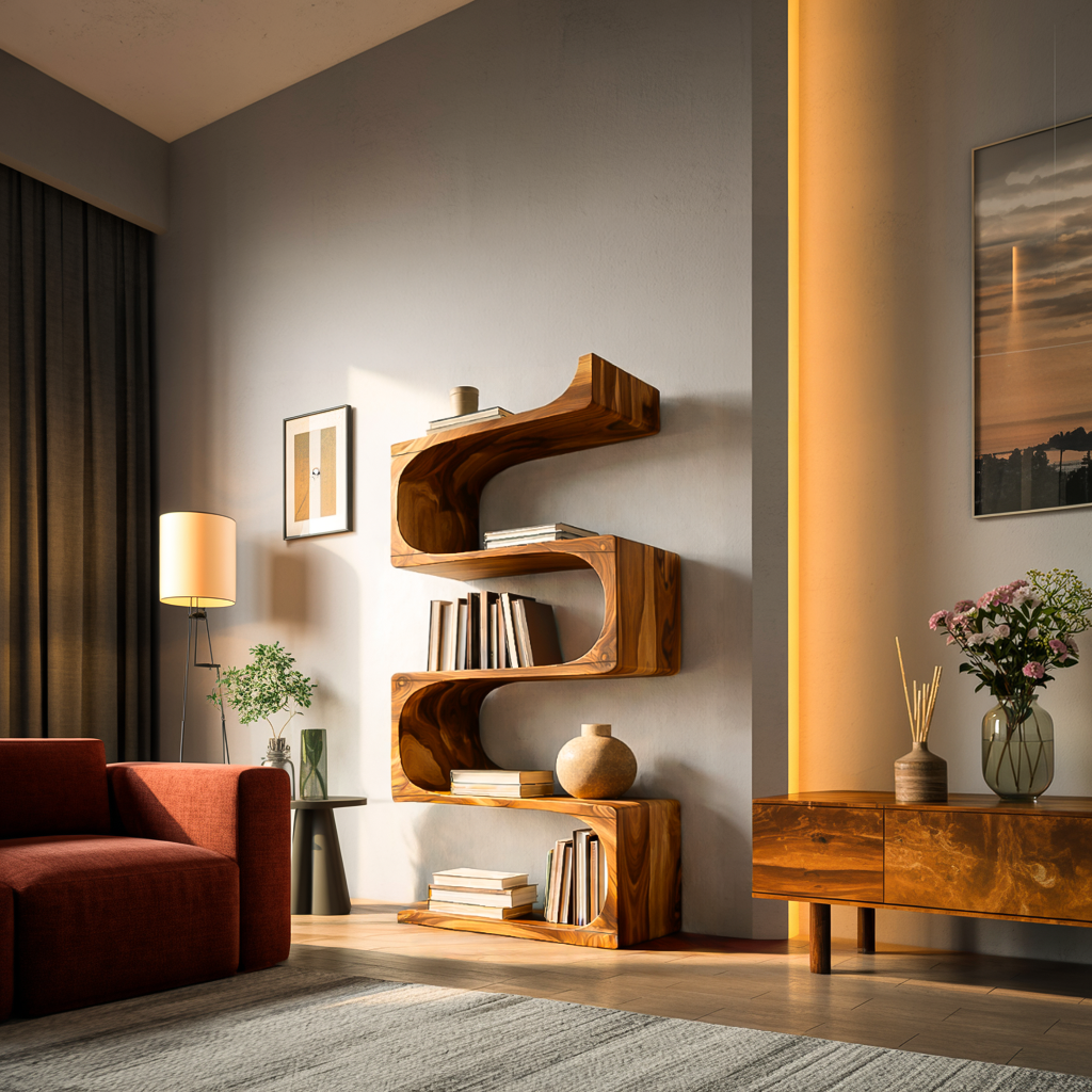 Modern Wooden Flowing Carved Bookshelf For Living Room Lynnsnail