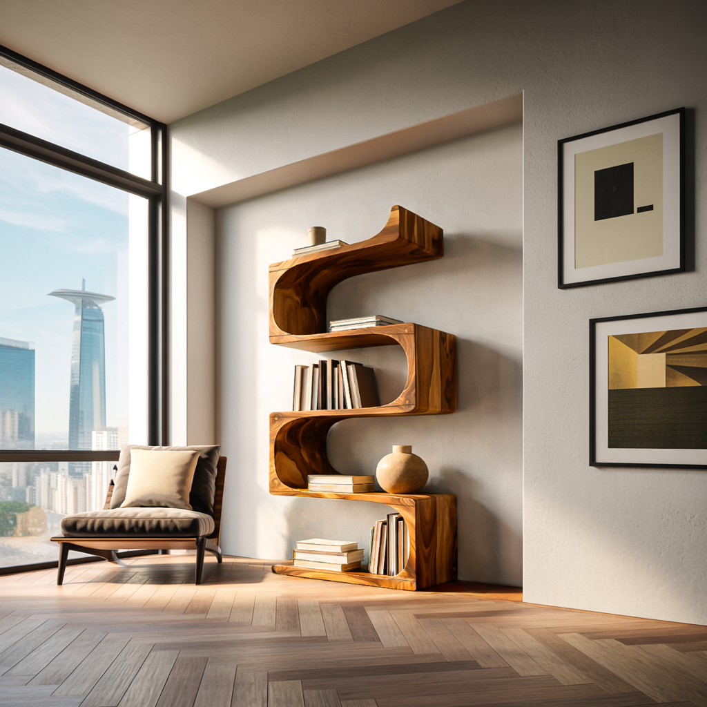 Modern Wooden Flowing Carved Bookshelf For Living Room Lynnsnail