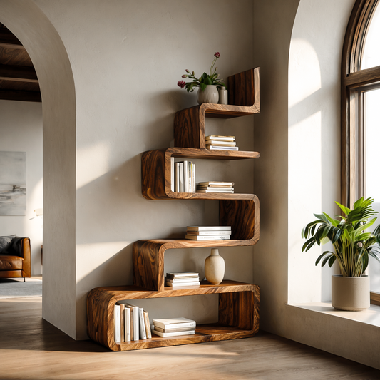 Minimalist Wooden Curved Bookshelf For Modern Interior Lynnsnail