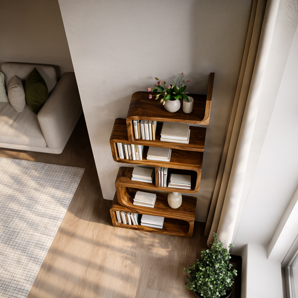 Minimalist Wooden Curved Bookshelf For Modern Interior Lynnsnail