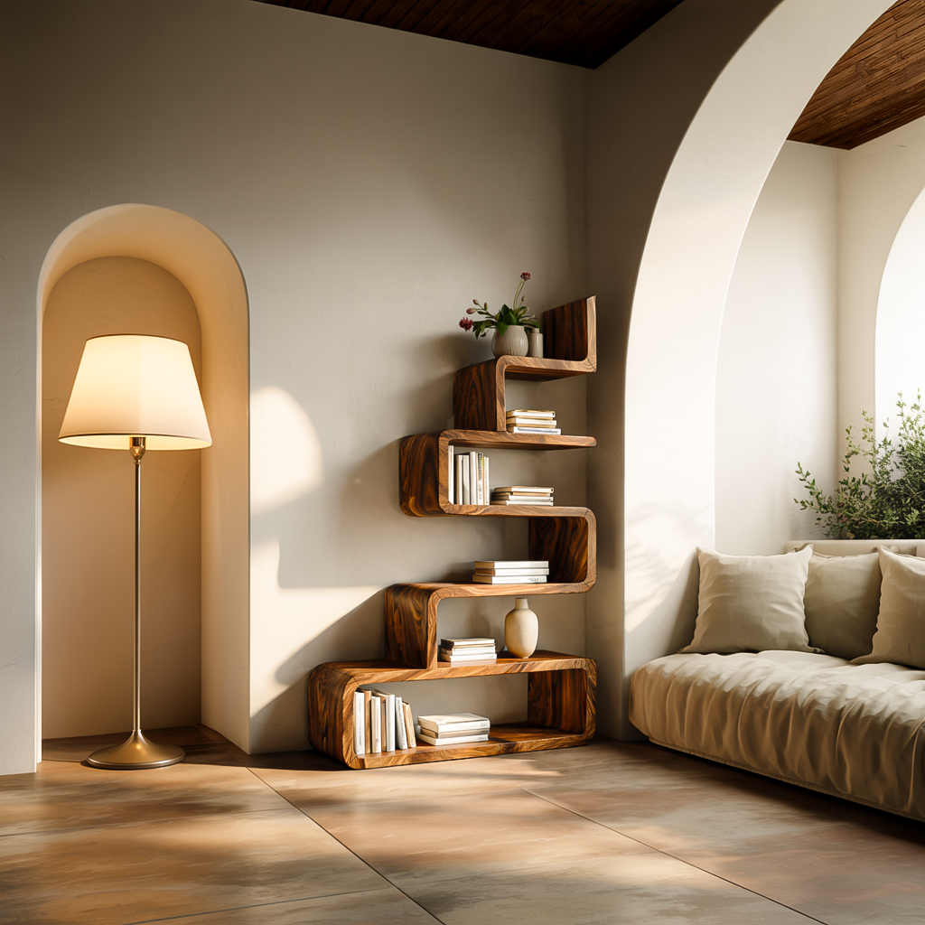 Minimalist Wooden Curved Bookshelf For Modern Interior Lynnsnail