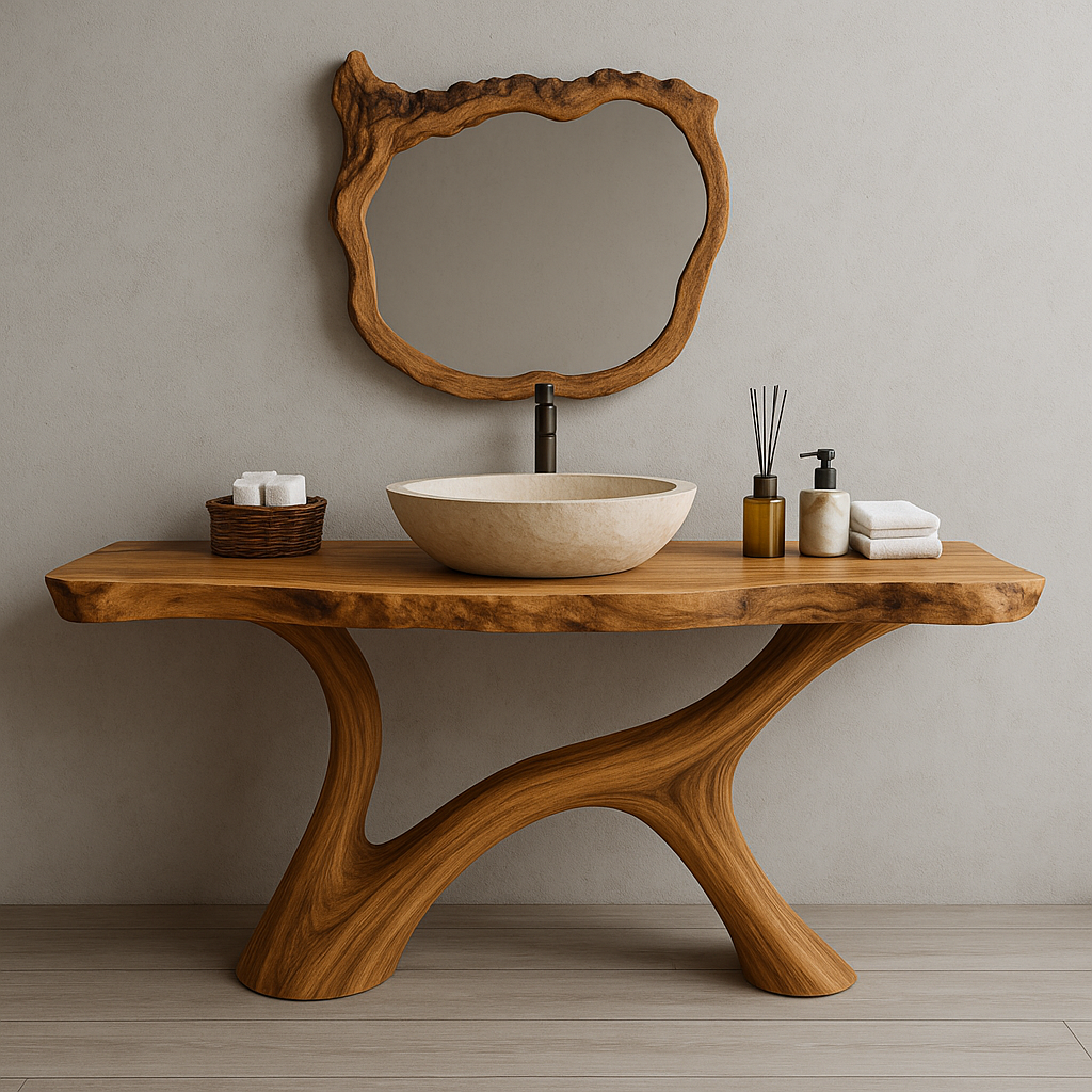 Handcrafted Solid Wood Bathroom Vanity – Organic Live Edge Design with Artistic Mirror Set Lynnsnail